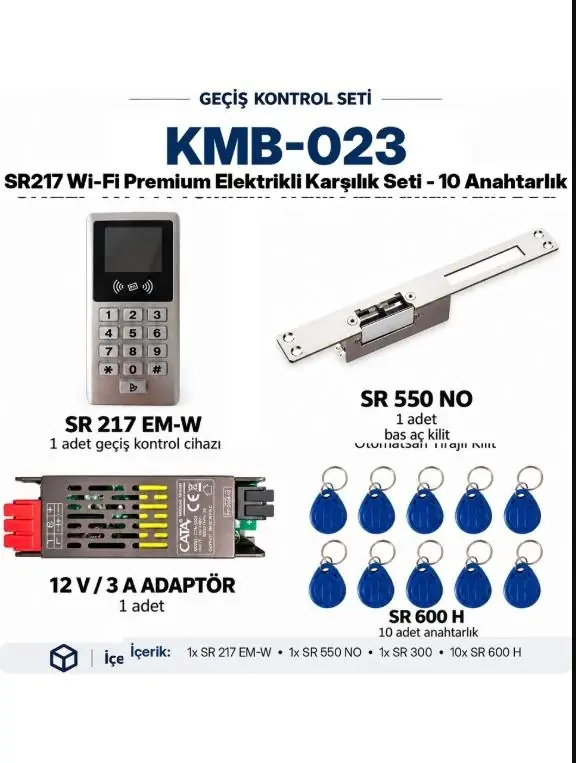 KMB-023 - SARKEY SR-217 EM-W Wi-Fi Premium Geçiş Seti + SR-550 NO Fail Secure Kilit + SR-300 Adaptör + 10 Adet SR-600 H RFID Anahtarlık
