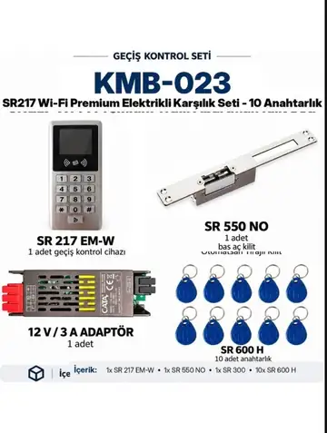 SR-217 EM-W Wi-Fi Premium Geçiş Seti + SR-550 NO Fail Secure Kilit + SR-300 Adaptör + 10 Adet SR-600 H RFID Anahtarlık