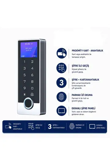 SR-213 LCD EM Parmak İzi Kart Şifre Okuyucu LCD Ekranlı Metal Kasa 125 KHz