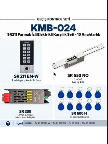 SR-211 EM-W Parmak İzli Biyometrik Geçiş Seti + SR-550 NO Fail Secure Kilit + SR-300 Adaptör + 10 Adet SR-600 H RFID Anahtarlık