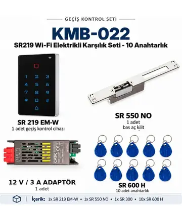 SR-219 EM-W Wi-Fi Akıllı Geçiş Seti + SR-550 NO Fail Secure Kilit + SR-300 Adaptör + 10 Adet SR-600 H RFID Anahtarlık