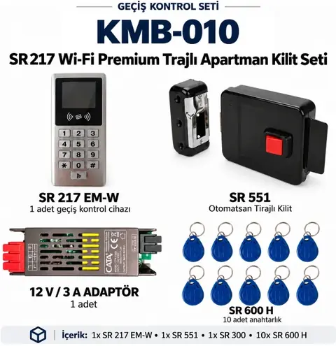 KMB-010 - SARKEY SR-217 EM-W Wi-Fi Premium Apartman Geçiş Seti (SR-551 Trajlı Kilit + SR-300 Adaptör + 10 Adet RFID Anahtarlık)