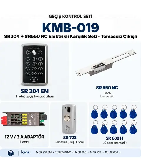 KMB-019 - SARKEY SR-204 EM Kartlı Şifreli Tam Geçiş Seti + SR-550 NC Fail Safe Kilit + SR-723 Mekanik Buton (SR-300 Adaptör + 10 Adet RFID Anahtarlık)