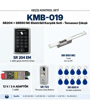SR-204 EM Kartlı Şifreli Tam Geçiş Seti + SR-550 NC Fail Safe Kilit + SR-723 Mekanik Buton (SR-300 Adaptör + 10 Adet RFID Anahtarlık)
