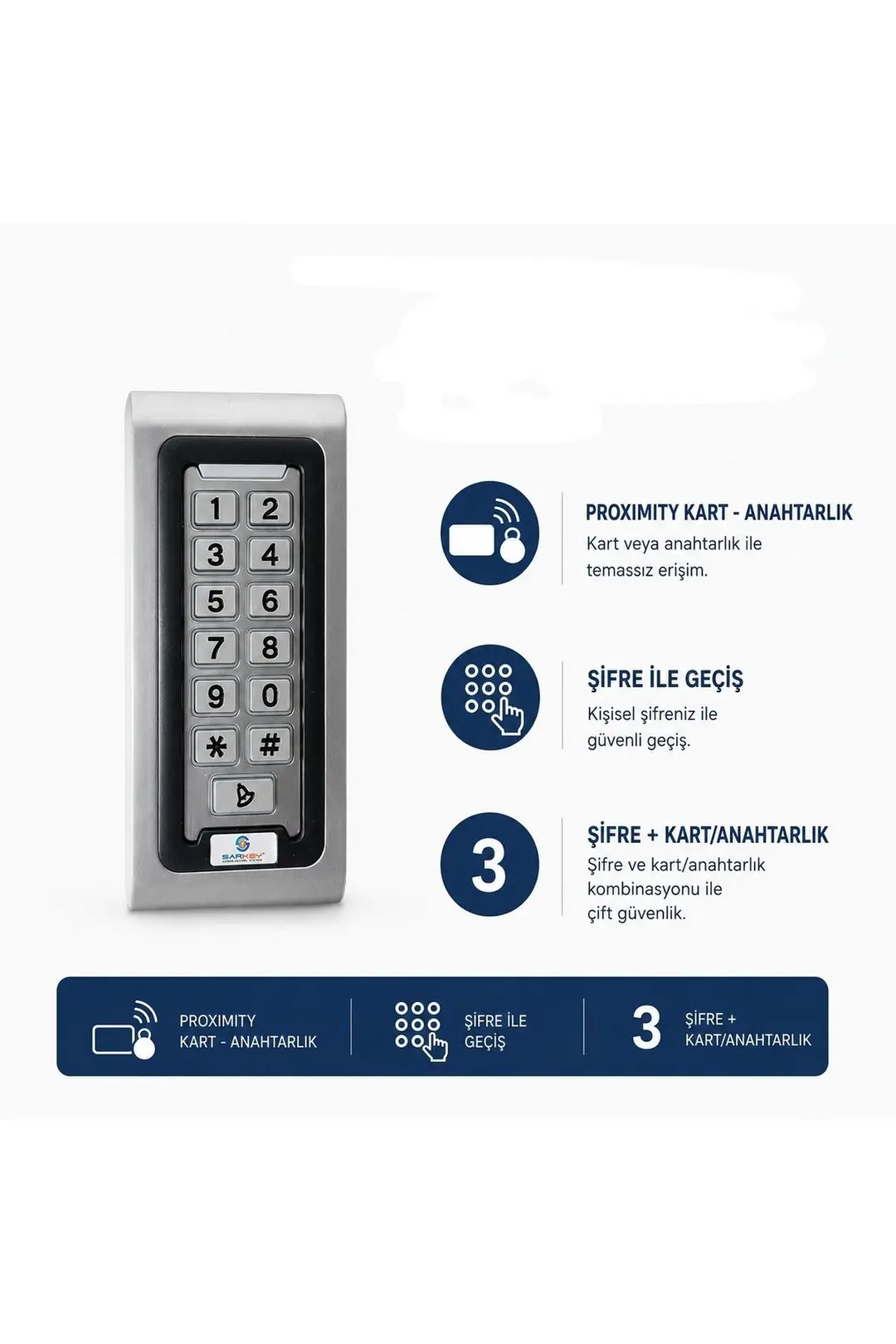 SARKEY SR-200 EM Metal Kasa Kartlı ve Şifreli Geçiş Sistemi RFID Proximity Kart Okuyucu 125 KHz IP68 (1/10)
