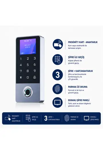 SR-214 LCD EM Parmak İzi Kart Şifre Okuyucu LCD Ekranlı Metal Kasa 125 KHz