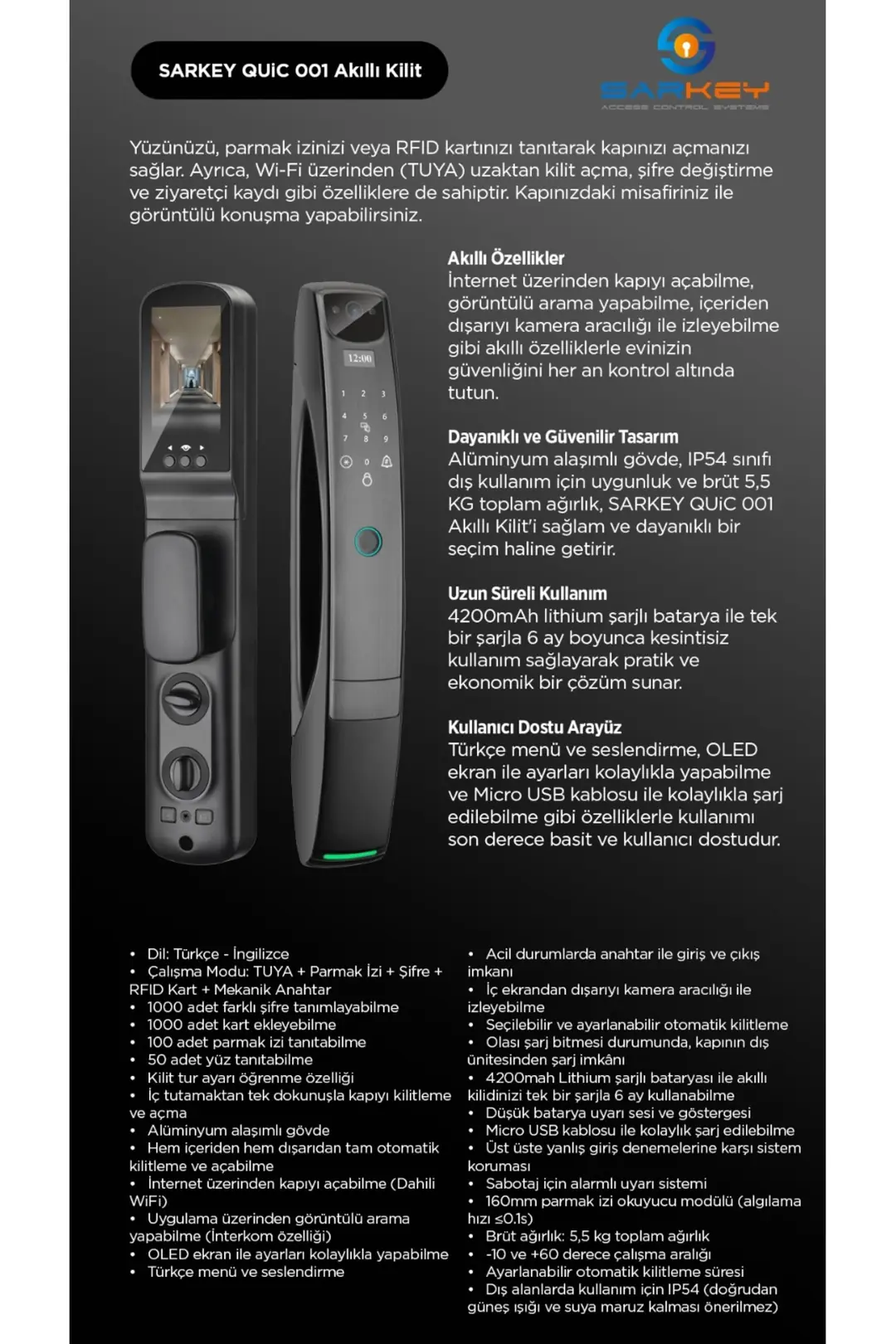 SARKEY SR-1600 WiFi Akıllı Kapı Kilidi Yüz Tanıma Parmak İzi Şifre Kart ve Görüntülü Görüşme Özellikli (2/11)