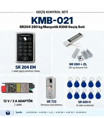 SR-204 EM Kartlı Şifreli Geçiş Seti + SR-280+ZL Manyetik Kilit Aparatı + SR-723 Mekanik Buton (SR-300 Adaptör + 10 Adet RFID Anahtarlık)