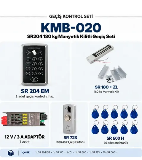 KMB-020 - SARKEY SR-204 EM Kartlı Şifreli Manyetik Kilit Geçiş Seti + SR-180+ZL Aparatı + SR-723 Mekanik Buton (SR-300 Adaptör + 10 Adet RFID Anahtarlık)