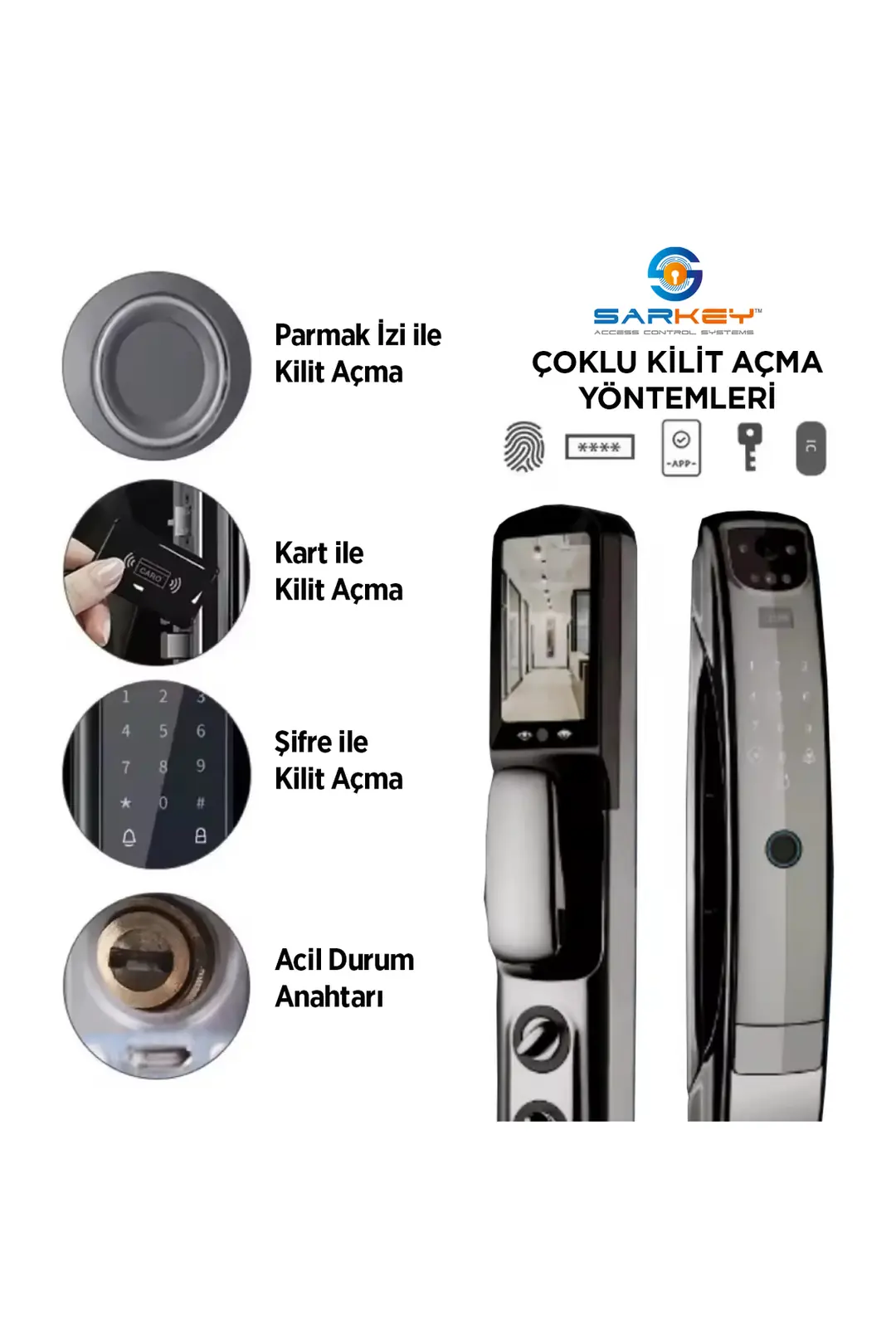 SARKEY SR-1600 WiFi Akıllı Kapı Kilidi Yüz Tanıma Parmak İzi Şifre Kart ve Görüntülü Görüşme Özellikli (3/11)