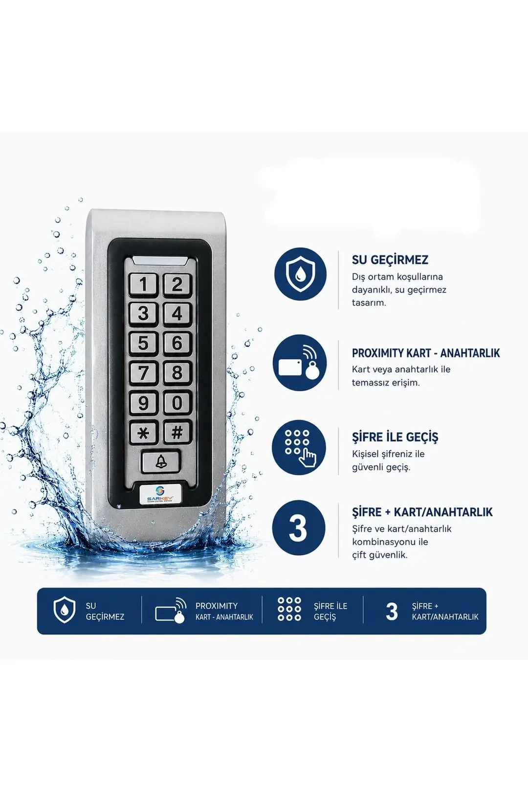 SARKEY SR-200 EM-W IP68 Su Geçirmez Kartlı ve Şifreli Geçiş Sistemi RFID Proximity Kart Okuyucu 125 KHz (1/10)
