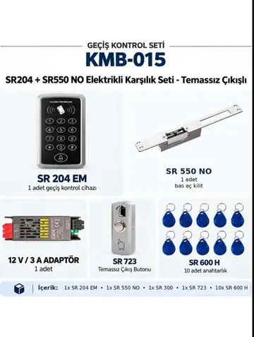 SR-204 EM Kartlı Şifreli Geçiş Seti + SR-550 NO Kilit + SR-723 Mekanik Buton + SR-300 Adaptör + 10 Adet SR-600 H RFID Anahtarlık