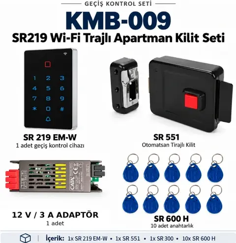 KMB-009 - SARKEY SR-219 EM-W Wi-Fi Akıllı Apartman Geçiş Seti (SR-551 Trajlı Kilit + SR-300 Adaptör + 10 Adet RFID Anahtarlık)