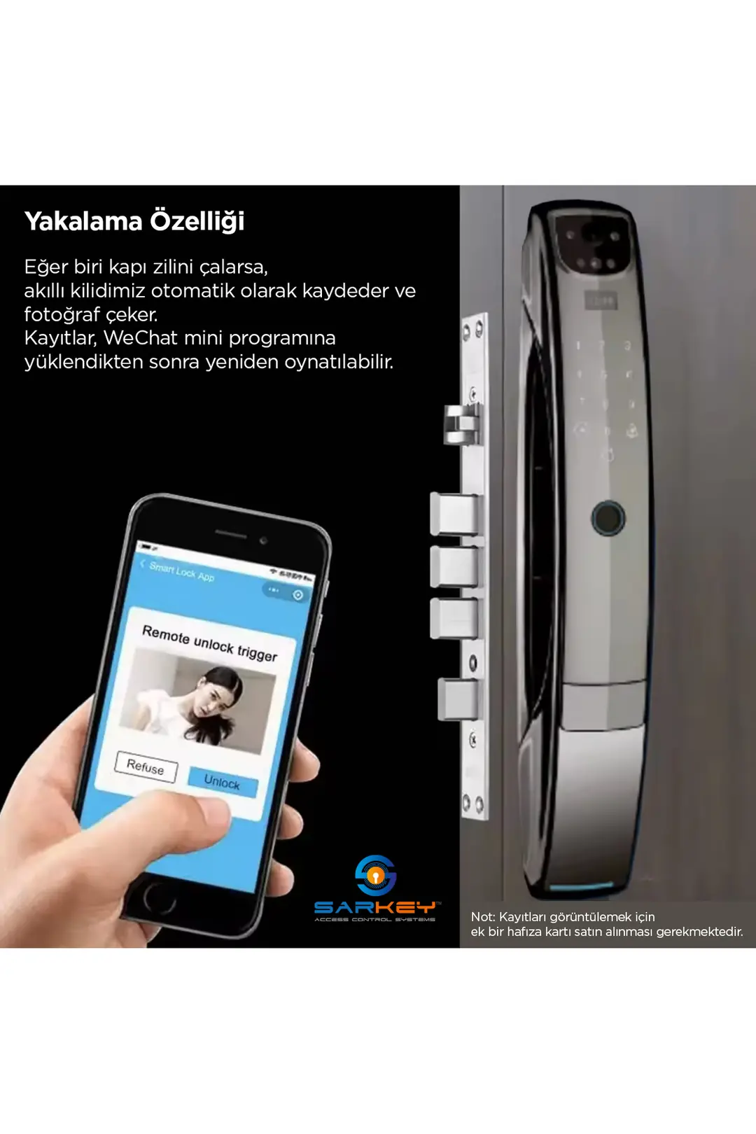 SARKEY SR-1600 WiFi Akıllı Kapı Kilidi Yüz Tanıma Parmak İzi Şifre Kart ve Görüntülü Görüşme Özellikli (5/11)