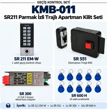 SR-211 EM-W Parmak İzli Biyometrik Apartman Geçiş Seti (SR-551 Trajlı Kilit + SR-300 Adaptör + 10 Adet RFID Anahtarlık)