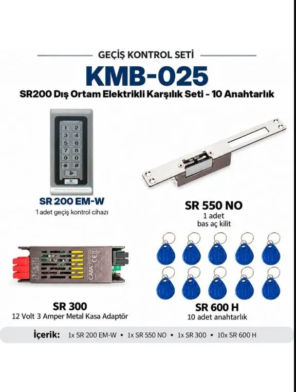 KMB-025 - SARKEY SR-200 EM-W Dış Ortam Metal Kasa Kartlı Şifreli Geçiş Seti + SR-550 NO Fail Secure Kilit + SR-300 Adaptör + 10 Adet SR-600 H RFID Anahtarlık