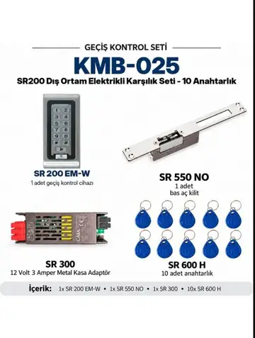 SR-200 EM-W Dış Ortam Metal Kasa Kartlı Şifreli Geçiş Seti + SR-550 NO Fail Secure Kilit + SR-300 Adaptör + 10 Adet SR-600 H RFID Anahtarlık